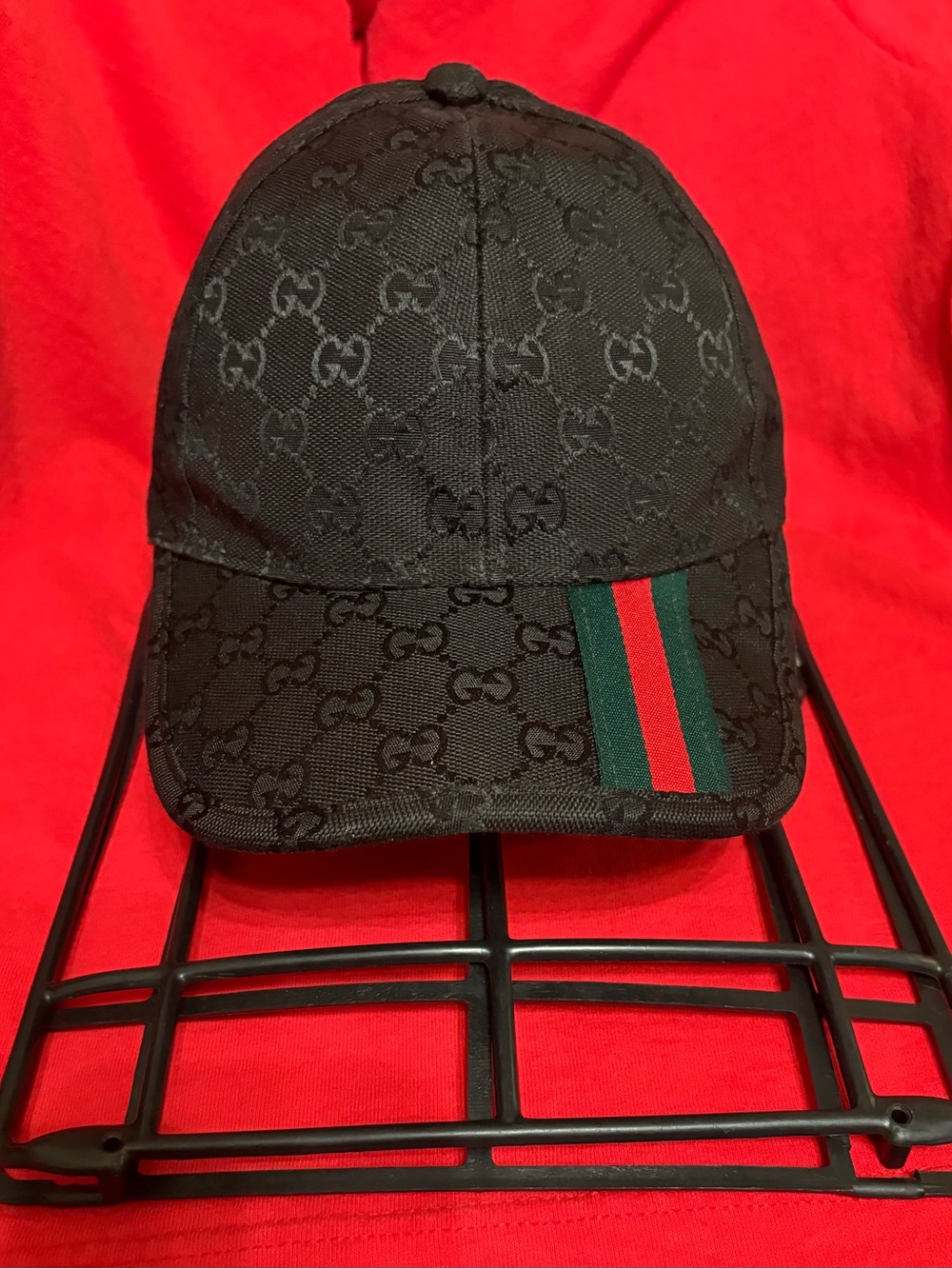 Gucci Monogram Green Red Striped Black Hook And Loop Strap back Hat Adjustable
